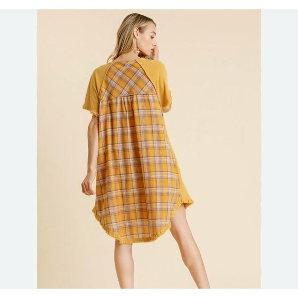 Umgee USA Plaid Short Sleeve Pocket Fringed Dress NWT